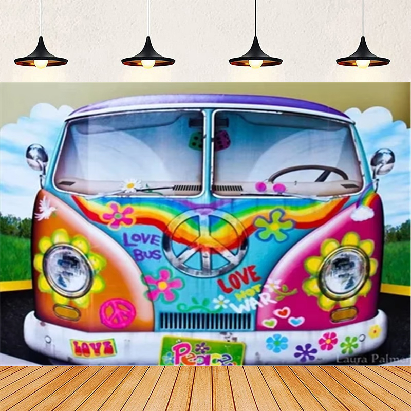 Party Games Bus - Hippie Bus Photography Backdrop Colorful Paint